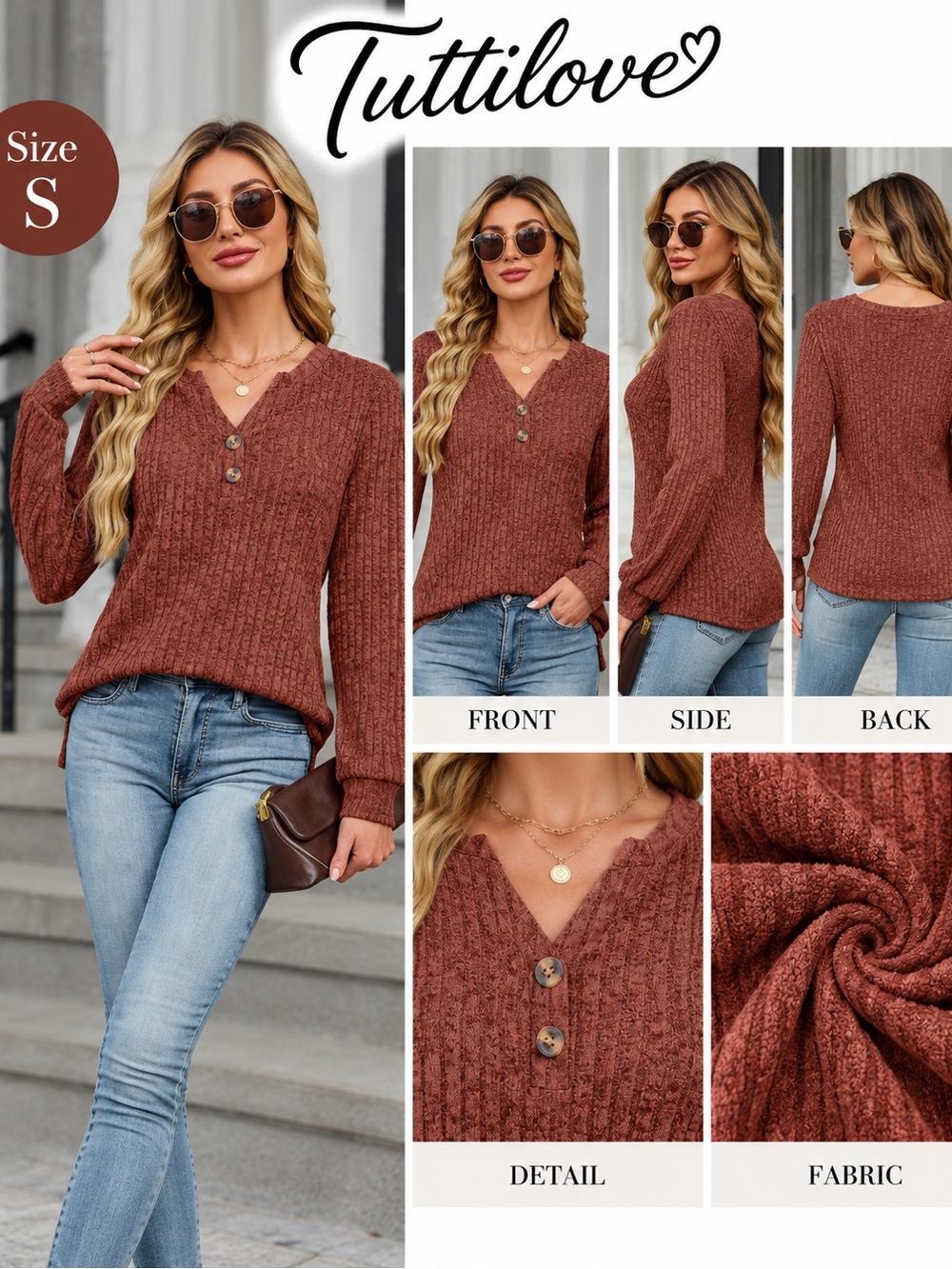 Women's Rust Ribbed Henley Sweater